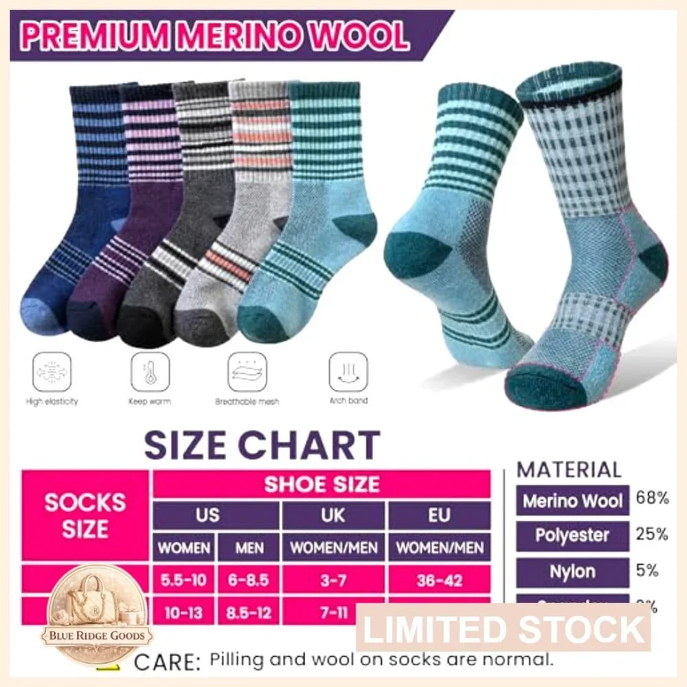 Merino Wool Hiking Socks Thermal Warm Moisture Wicking Cushion Athletic